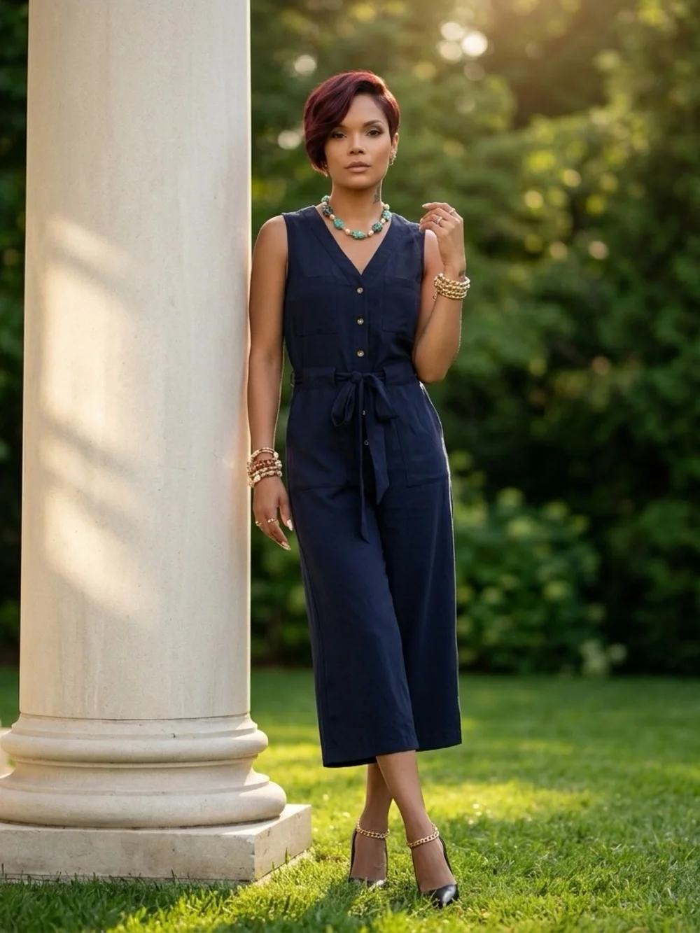 a new day Navy Button-Front Tie Waist Sleeveless Jumpsuit☑️ - Picture 3 of 9